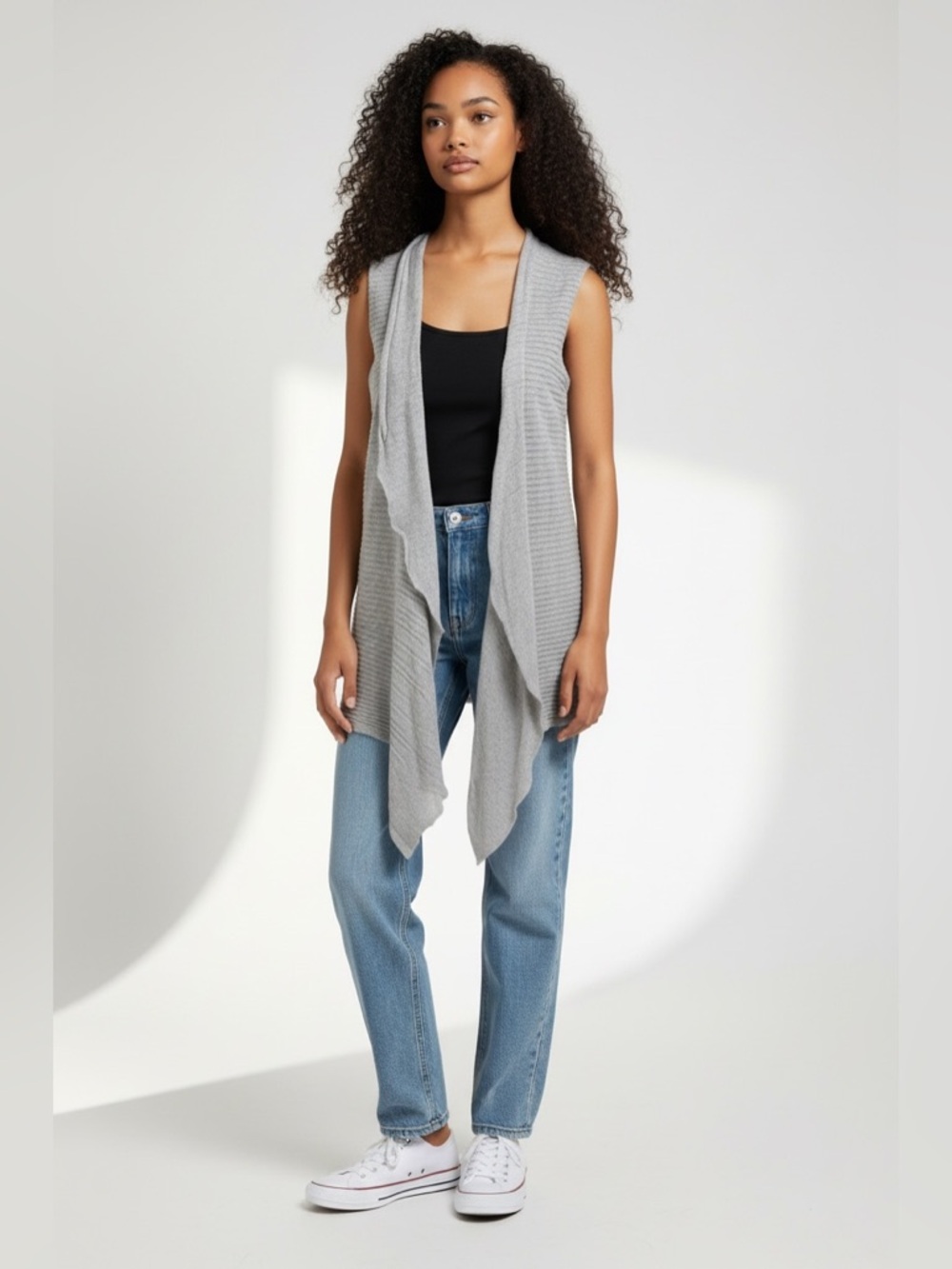 Eileen Fisher Light Gray Sleeveless Drape Cardigan Vest XL Cascading Waterfall